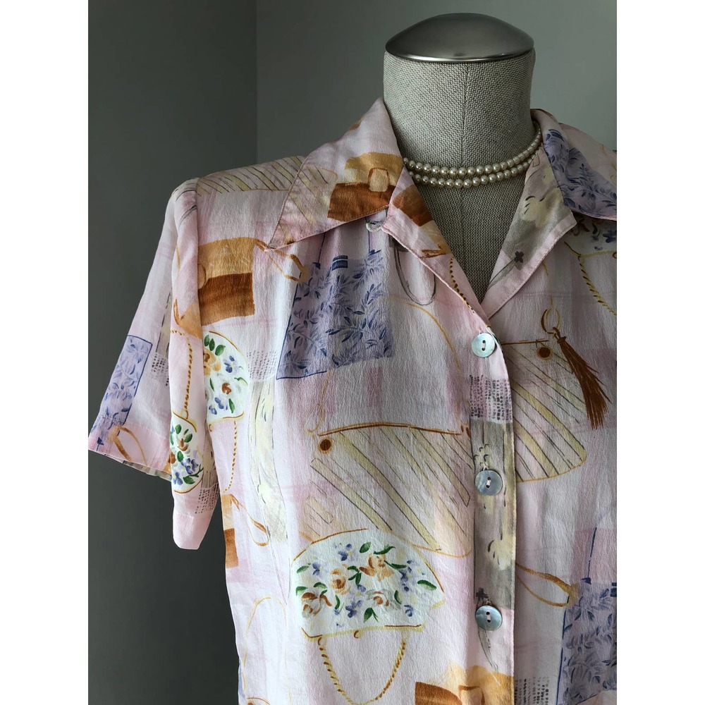 VTG silk medium pink blouse purses handbag  collar lightweight button up top